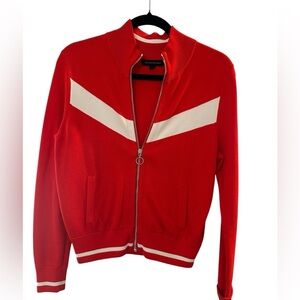 A155 Banana Republic Hot Red White Chevron Track Knit Sweater Zip Cardigan Sz XS